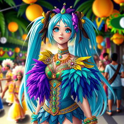 A depiction of Miku Hatsune reimagined as a Brazilian character, wearing a vibrant and colorful carnival costume with feathers and sequins