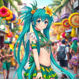 Miku Hatsune reimagined as a Brazilian anime girl, wearing a vibrant and colorful outfit inspired by Brazilian carnival