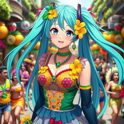 Miku Hatsune reimagined as a Brazilian anime girl, wearing a vibrant and colorful outfit inspired by Brazilian carnival