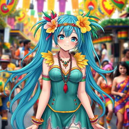 Miku Hatsune reimagined as a Brazilian anime girl, wearing a vibrant and colorful outfit inspired by Brazilian carnival