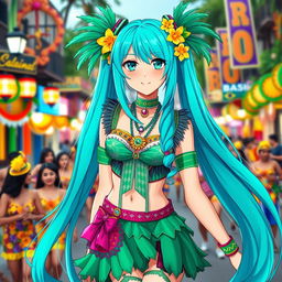 Miku Hatsune reimagined as a Brazilian anime girl, wearing a vibrant and colorful outfit inspired by Brazilian carnival