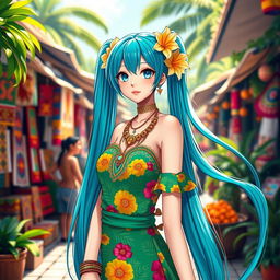 Miku Hatsune reimagined as a Brazilian anime girl, dressed in traditional Brazilian attire