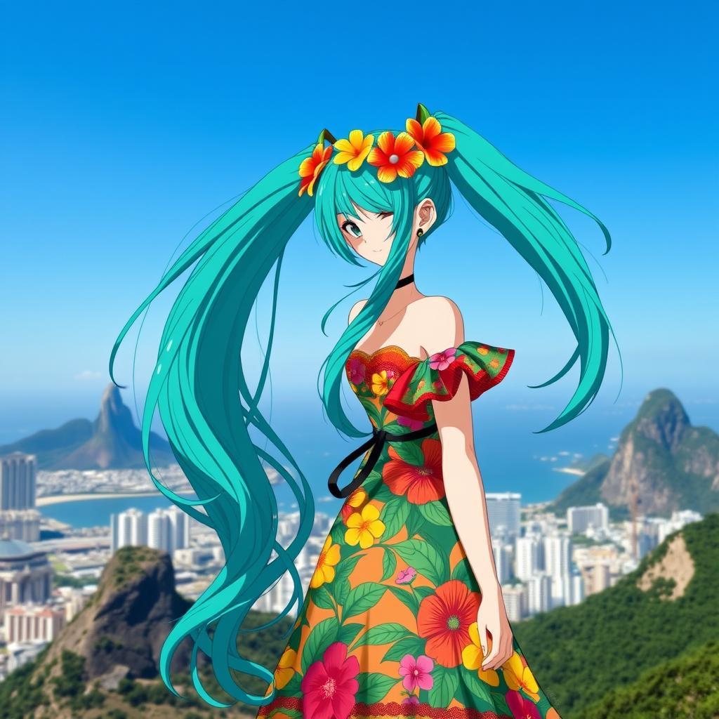 Miku Hatsune reimagined as a Brazilian anime girl, wearing traditional Brazilian attire, set against the backdrop of Rio de Janeiro