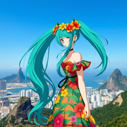Miku Hatsune reimagined as a Brazilian anime girl, wearing traditional Brazilian attire, set against the backdrop of Rio de Janeiro