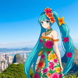 Miku Hatsune reimagined as a Brazilian anime girl, wearing traditional Brazilian attire, set against the backdrop of Rio de Janeiro