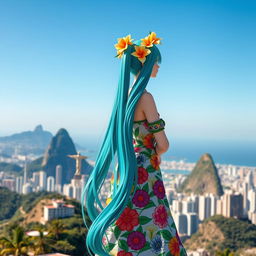 Miku Hatsune reimagined as a Brazilian anime girl, wearing traditional Brazilian attire, set against the backdrop of Rio de Janeiro