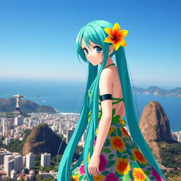 Miku Hatsune reimagined as a Brazilian anime girl, wearing traditional Brazilian attire, set against the backdrop of Rio de Janeiro