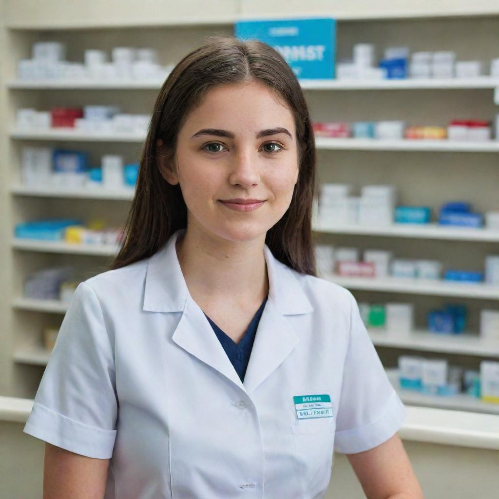 A 21-year-old girl standing confidently behind a pharmacy counter, expertly mixing medicines, a badge outlining 'Pharmacist' in clear view, embodying her dream of becoming a pharmacist.