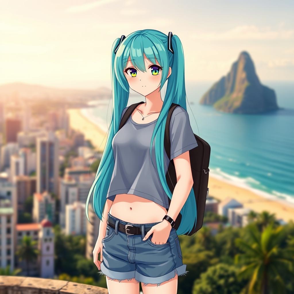 Miku Hatsune as a Brazilian anime girl, casually dressed in a simple but stylish outfit typical of Brazil, featuring a comfortable t-shirt and denim shorts