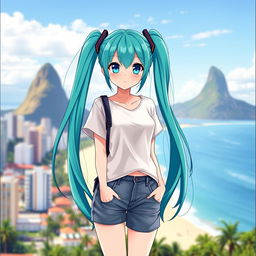 Miku Hatsune as a Brazilian anime girl, casually dressed in a simple but stylish outfit typical of Brazil, featuring a comfortable t-shirt and denim shorts