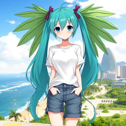 Miku Hatsune as a Brazilian anime girl, casually dressed in a simple but stylish outfit typical of Brazil, featuring a comfortable t-shirt and denim shorts