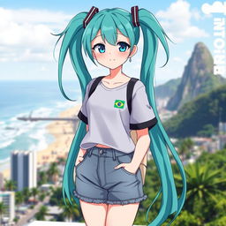 Miku Hatsune as a Brazilian anime girl, casually dressed in a simple but stylish outfit typical of Brazil, featuring a comfortable t-shirt and denim shorts
