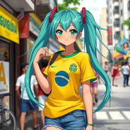 Miku Hatsune reimagined as a Brazilian anime girl, showcasing the casual and sporty style commonly seen in Brazil