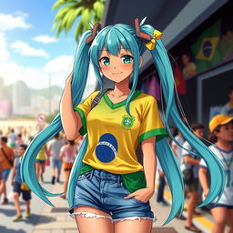 Miku Hatsune reimagined as a Brazilian anime girl, showcasing the casual and sporty style commonly seen in Brazil