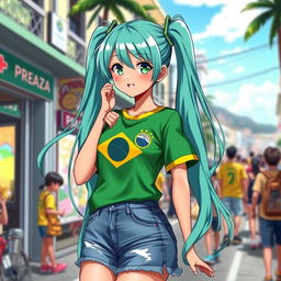 Miku Hatsune reimagined as a Brazilian anime girl, showcasing the casual and sporty style commonly seen in Brazil