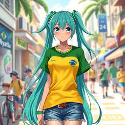 Miku Hatsune reimagined as a Brazilian anime girl, showcasing the casual and sporty style commonly seen in Brazil