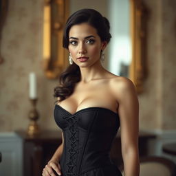 A petite brunette woman wearing a very tight corset, adorned elegantly to emphasize her figure