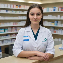 A 21-year-old girl standing confidently behind a pharmacy counter, expertly mixing medicines, a badge outlining 'Pharmacist' in clear view, embodying her dream of becoming a pharmacist.