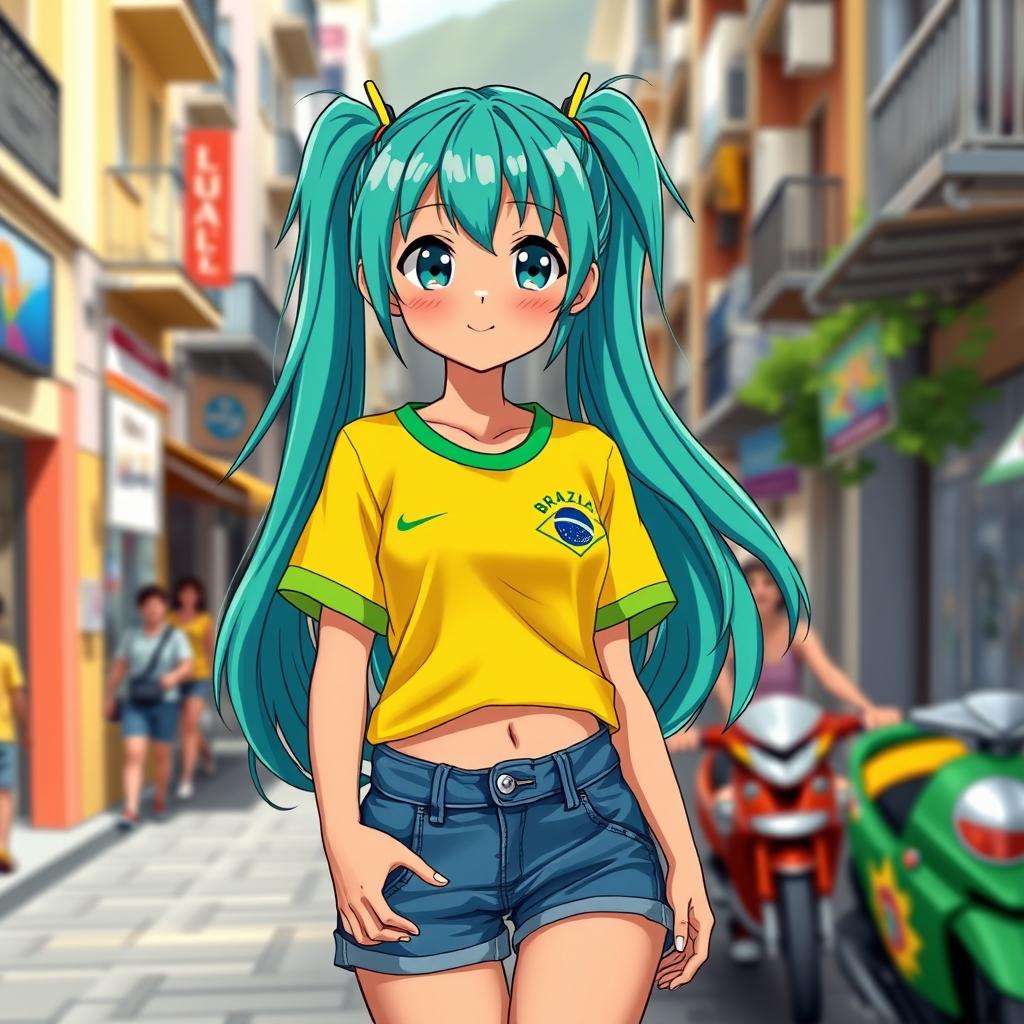 Miku Hatsune as a cute Brazilian anime girl, exuding charm and vibrancy in her casual Brazilian supporter outfit