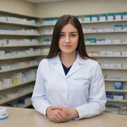 A 21-year-old girl standing confidently behind a pharmacy counter, expertly mixing medicines, a badge outlining 'Pharmacist' in clear view, embodying her dream of becoming a pharmacist.