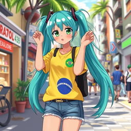 Miku Hatsune as a cute Brazilian anime girl, exuding charm and vibrancy in her casual Brazilian supporter outfit
