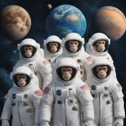 Generate an cinematic movie poster for 'Monkeez 8', featuring eight monkeys in astronaut suits in space, with planets and stars in the background.