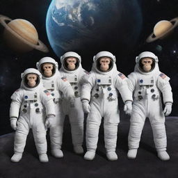 Generate an cinematic movie poster for 'Monkeez 8', featuring eight monkeys in astronaut suits in space, with planets and stars in the background.