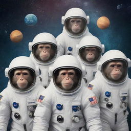 Generate an cinematic movie poster for 'Monkeez 8', featuring eight monkeys in astronaut suits in space, with planets and stars in the background.