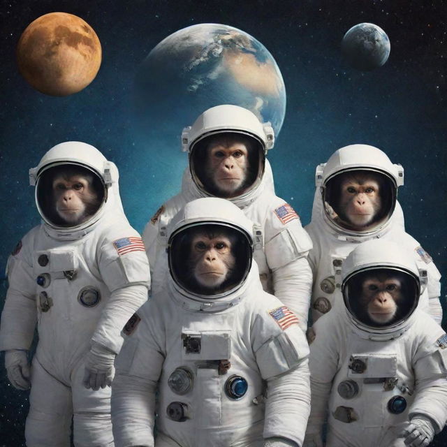 Generate an cinematic movie poster for 'Monkeez 8', featuring eight monkeys in astronaut suits in space, with planets and stars in the background.