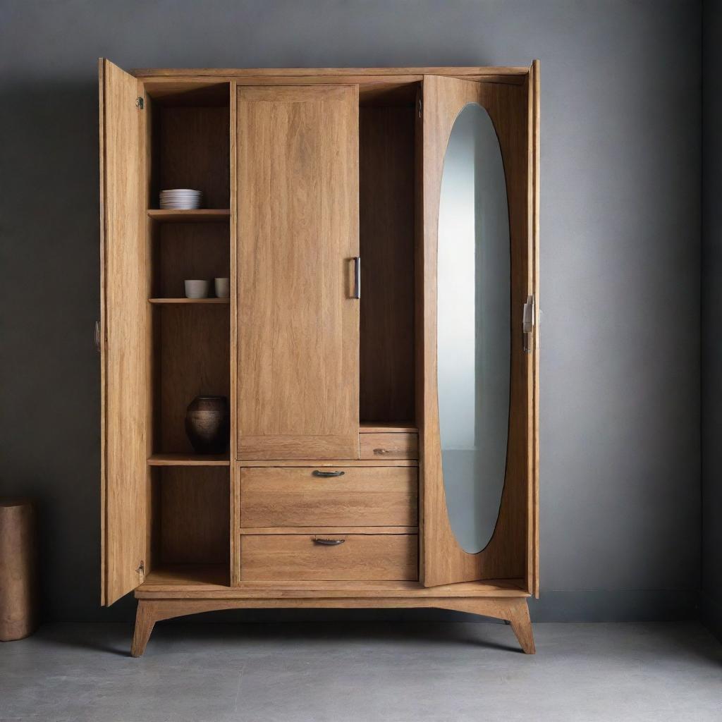 A unique cupboard design that has never existed before, blending futuristic and vintage elements with a cool aesthetic