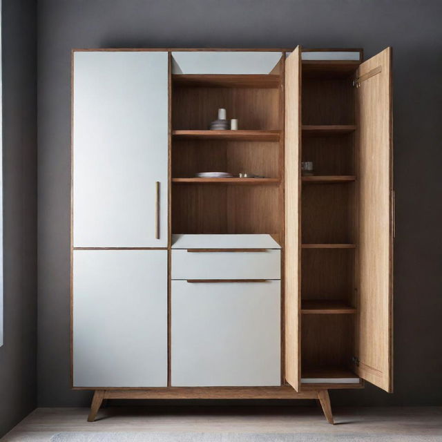 A unique cupboard design that has never existed before, blending futuristic and vintage elements with a cool aesthetic