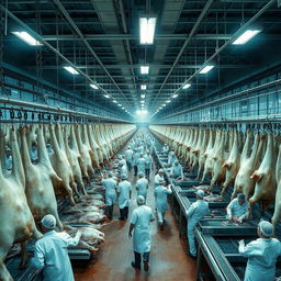 Thousands of cattle carcasses hang in rows inside a large industrial slaughterhouse