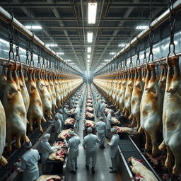 Thousands of cattle carcasses hang in rows inside a large industrial slaughterhouse