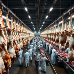 Thousands of cattle carcasses hang in rows inside a large industrial slaughterhouse