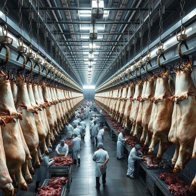 Thousands of cattle carcasses hang in rows inside a large industrial slaughterhouse