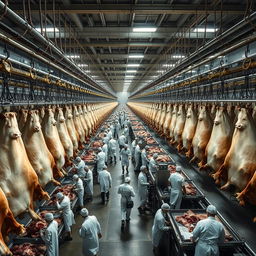 Thousands of cattle carcasses hang in rows inside a large industrial slaughterhouse