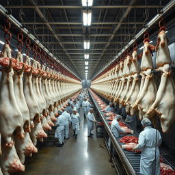 Thousands of cattle carcasses hang in rows inside a large industrial slaughterhouse