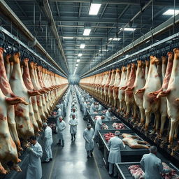 Thousands of cattle carcasses hang in rows inside a large industrial slaughterhouse