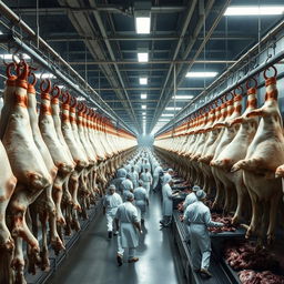 Thousands of cattle carcasses hang in rows inside a large industrial slaughterhouse