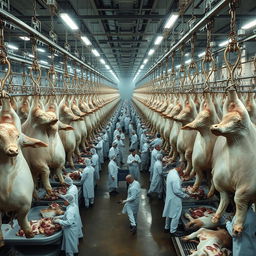 Thousands of cattle carcasses hang in rows inside a large industrial slaughterhouse