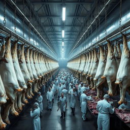 Thousands of cattle carcasses hang in rows inside a large industrial slaughterhouse