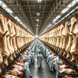 Thousands of cattle carcasses hang in rows inside a large industrial slaughterhouse