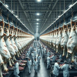 Thousands of cattle carcasses hang in rows inside a large industrial slaughterhouse