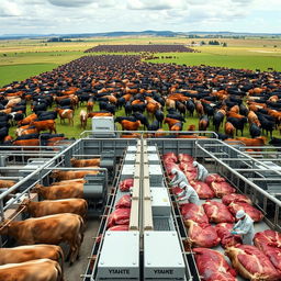 A vast panoramic view of a large cattle ranch with thousands of cattle grazing peacefully