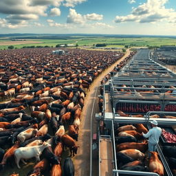 A vast panoramic view of a large cattle ranch with thousands of cattle grazing peacefully