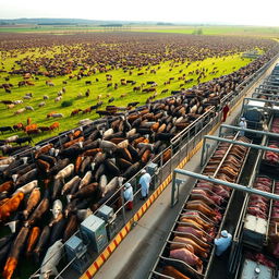 A vast panoramic view of a large cattle ranch with thousands of cattle grazing peacefully