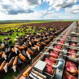 A vast panoramic view of a large cattle ranch with thousands of cattle grazing peacefully