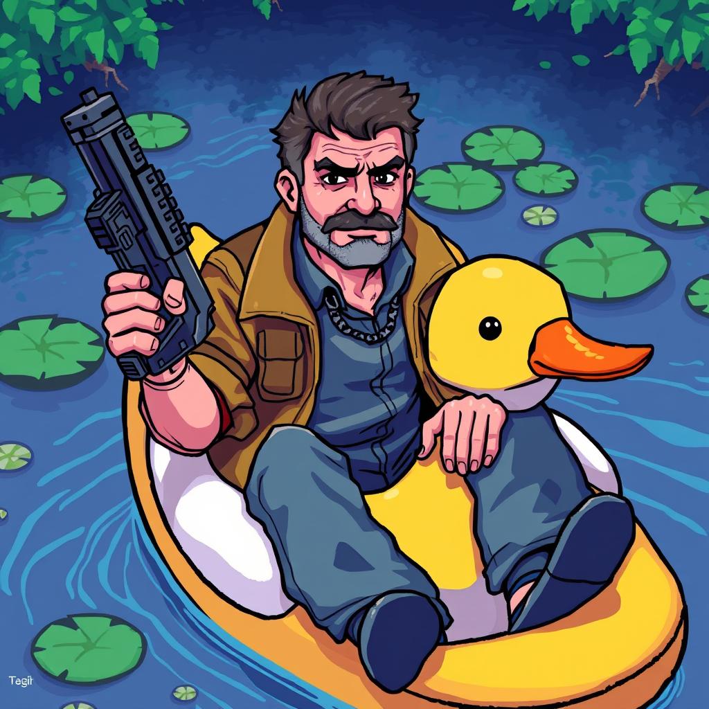 A middle-aged man with a determined expression, wearing casual outdoor clothes, sitting in a large, cartoonish duck