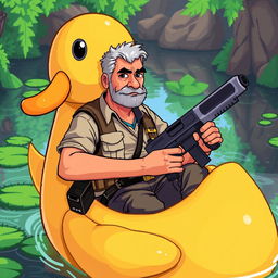 A middle-aged man with a determined expression, wearing casual outdoor clothes, sitting in a large, cartoonish duck