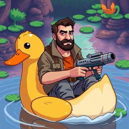 A middle-aged man with a determined expression, wearing casual outdoor clothes, sitting in a large, cartoonish duck